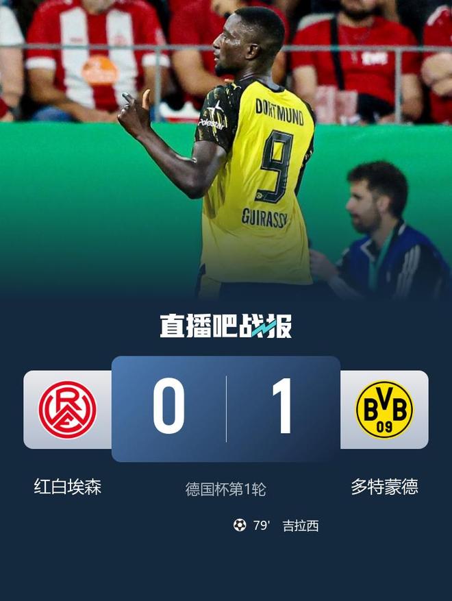 德國杯，多特1-0勝紅白埃森晉級，吉拉西79分鐘制勝。