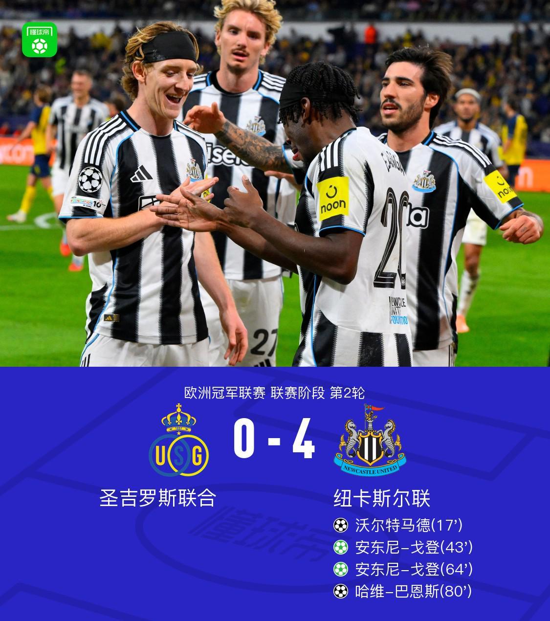 紐卡4-0圣吉羅斯聯(lián)合，戈登點(diǎn)射雙響，沃爾特馬德、巴恩斯破門